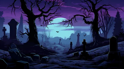 Fototapete Kürzen Graveyard In The Spooky Night. Spooky Cemetery With Moon In Cloudy Sky. AI illustration. Halloween Backdrop.