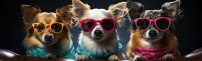 a trio of little dogs are wearing sunglasses and pose in a photo, purple and aquamarine