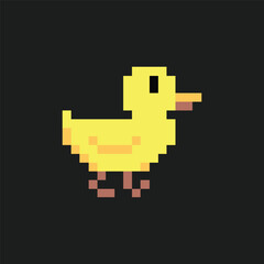 Obraz premium this is Duck icon in pixel art with yellow color and black background ,this item good for presentations,stickers, icons, t shirt design,game asset,logo and your project.