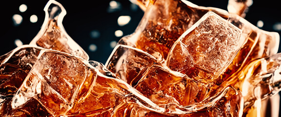 Splashing of Cola and Ice. Cola soda and ice splashing fizzing or floating up to top of surface. Close up of ice in cola water. Texture of carbonate drink with bubbles in glass. Cold drink background