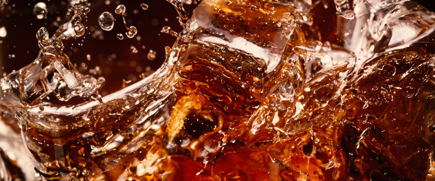 Splashing of Cola and Ice. Cola soda and ice splashing fizzing or floating up to top of surface. Close up of ice in cola water. Texture of carbonate drink with bubbles in glass. Cold drink background