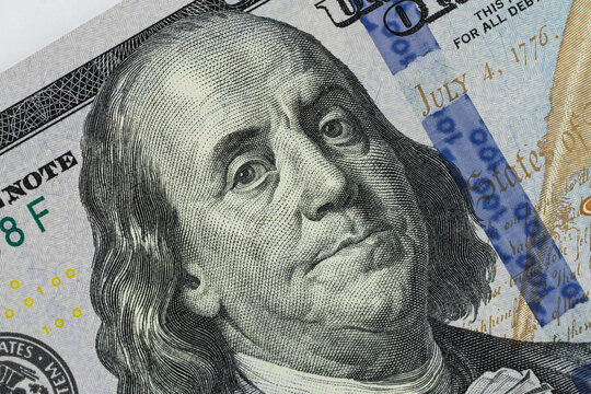 Close-up portrait of Benjamin Franklin on the new 100 dollar bill