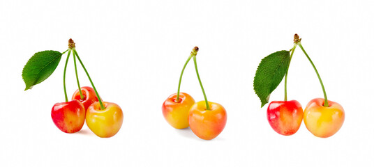 Group of yellow sweet cherries on white background