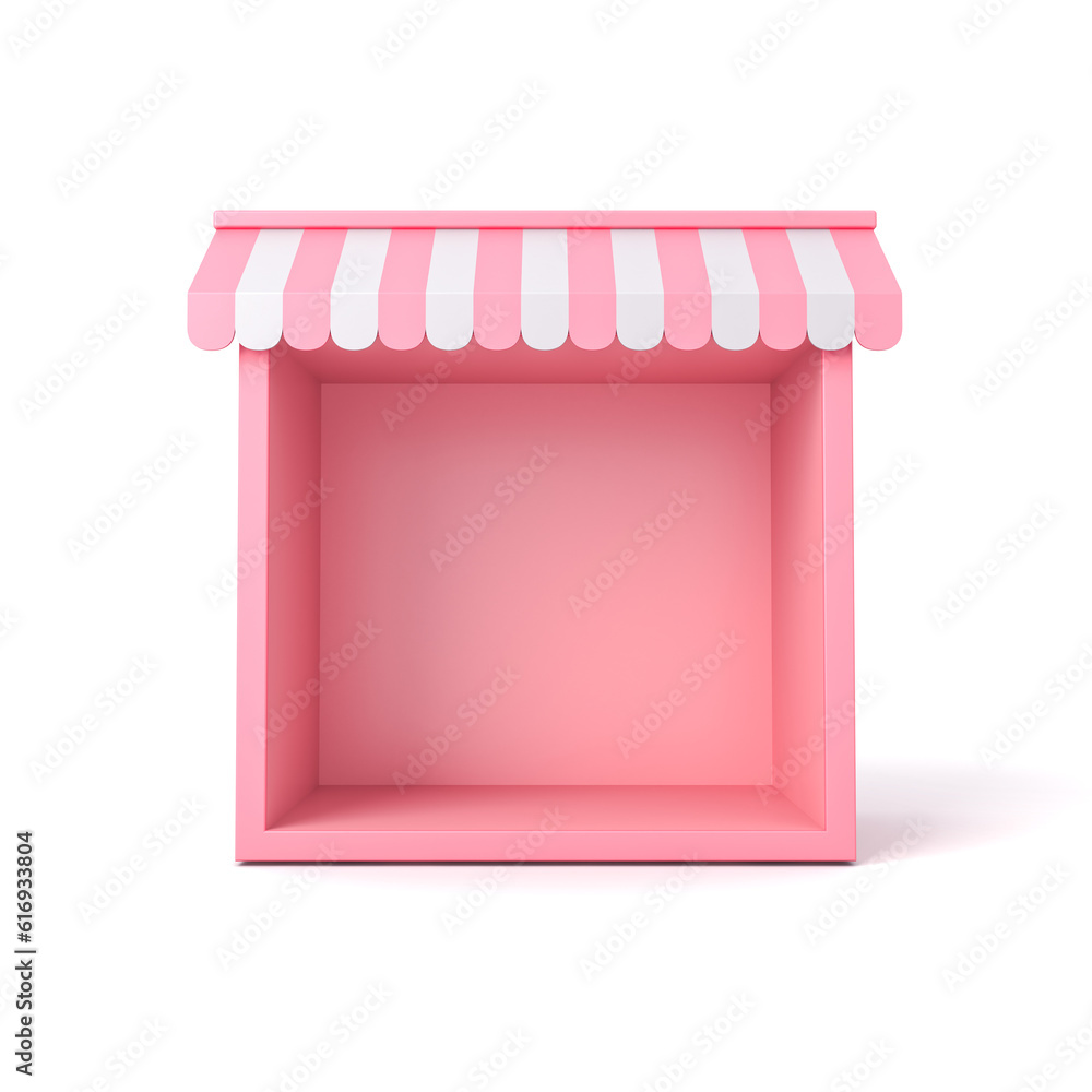 Aufkleber Blank pink exhibition booth show or blank product display shop showcase box stand with pink white striped awning isolated on white background with shadow minimal conceptual 3D rendering