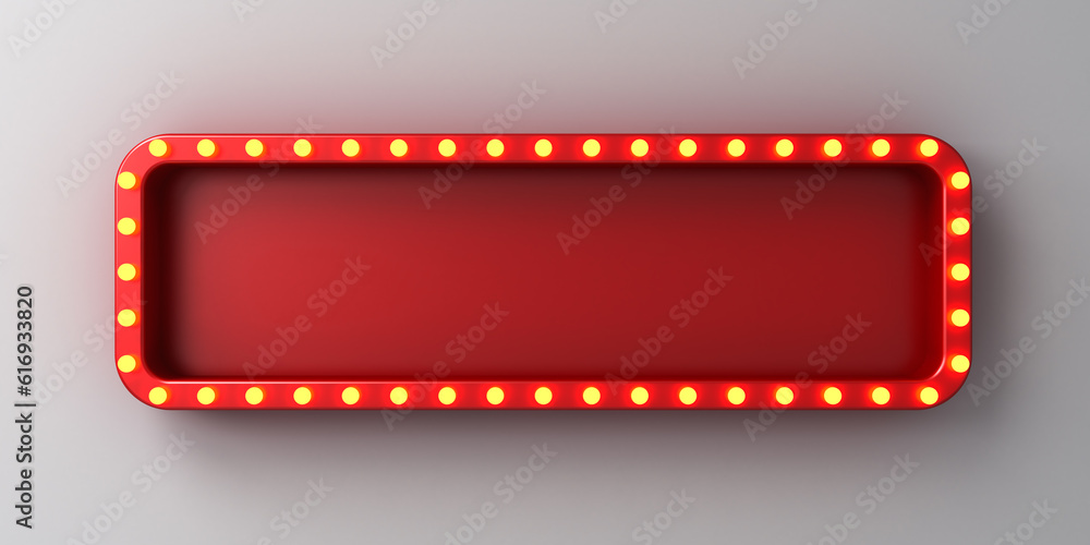 Fototapete long retro billboard display box or blank long red signboard with glowing yellow neon light bulbs is