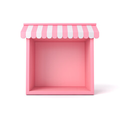 Blank pink exhibition booth show or blank product display shop showcase box stand with pink white striped awning isolated on white background with shadow minimal conceptual 3D rendering