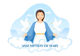 Assumption of Mary Vector Illustration with Feast of the Blessed Virgin and Doves in Heaven in Flat Cartoon Hand Drawn Background Templates - obrazy, fototapety, plakaty