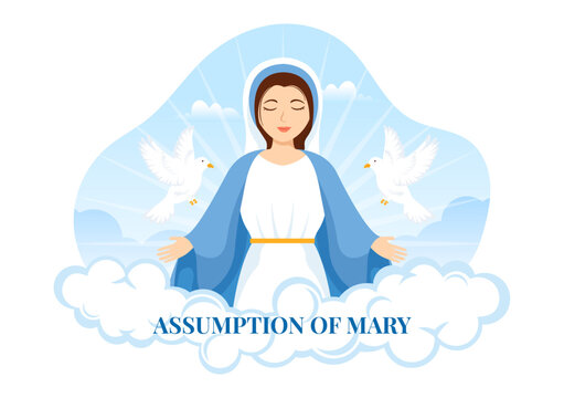 Assumption of Mary Vector Illustration with Feast of the Blessed Virgin and Doves in Heaven in Flat Cartoon Hand Drawn Background Templates