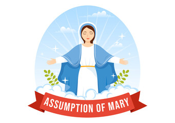 Assumption of Mary Vector Illustration with Feast of the Blessed Virgin and Doves in Heaven in Flat Cartoon Hand Drawn Background Templates