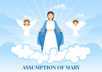 Assumption of Mary Vector Illustration with Feast of the Blessed Virgin and Kids Angels in Heaven in Flat Cartoon Hand Drawn Background Templates - obrazy, fototapety, plakaty
