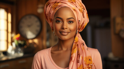 Portrait of beautiful african american woman in headscarf at home. Generative AI.