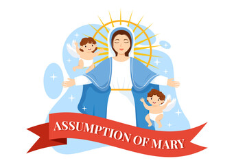 Assumption of Mary Vector Illustration with Feast of the Blessed Virgin and Kids Angels in Heaven in Flat Cartoon Hand Drawn Background Templates