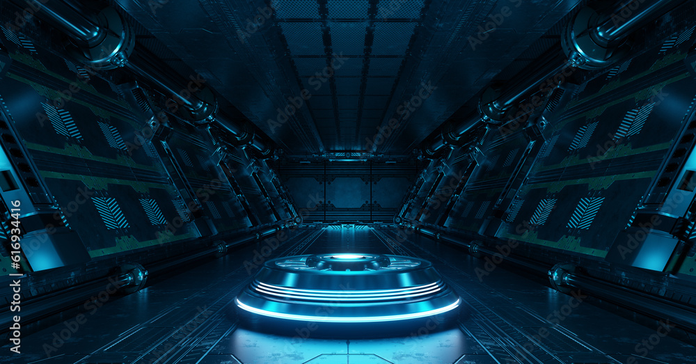 Aufkleber blue spaceship interior with projector. futuristic corridor in space station with glowing neon light