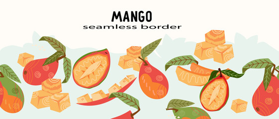 Mango seamless repeatable border in hand drawn style vector illustration isolated on white background. Decorative repeatable border with mango fruits.