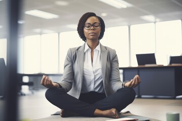 Protect employee mental health. Support Employee Wellness, Promote Mental Health at Workplace office. business woman sitting at office desk and meditating