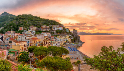 Landscape with Cetara town at sunrise, Amalfi coast, Italy - obrazy, fototapety, plakaty
