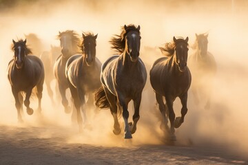 Herd of wild mustang horses galloping wildly in nature - obrazy, fototapety, plakaty