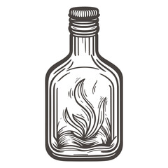 Fototapeta na wymiar Vintage sealed bottle with liquid. Glass bottle with herbal infusion, hand engraved. Sketch potion in container, isolated vector illustration
