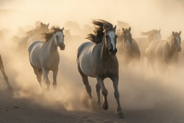 Obraz na płótnie Canvas Herd of wild mustang horses galloping wildly in nature. Generative AI
