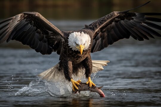 American Bald Eagle captured in flight attacking a fish in a pond
