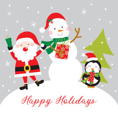 Fototapeta na wymiar christmas card with snowman, santa claus, penguin and christmas gifts design