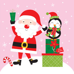 christmas greeting card with cute santa claus and penguin design