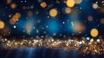 Obraz na płótnie Canvas Abstract dark blue and gold particle background. Christmas golden light shed bokeh particles over a background of navy blue. Gold foil appearance. holiday idea.