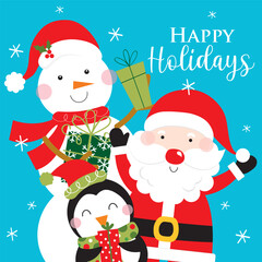snowman, santa claus and penguin christmas greeting card design