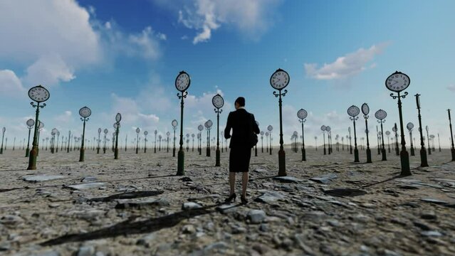 Businesswoman in desert surrounded by timelapse clocks, time passing