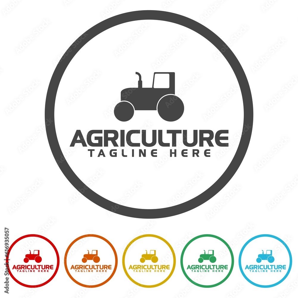 Aufkleber agriculture and farming with tractor icon. set icons in color circle buttons