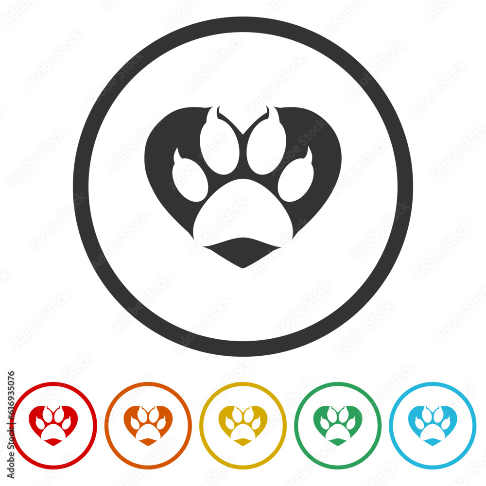 Poster love paw print icon. set icons in color circle buttons