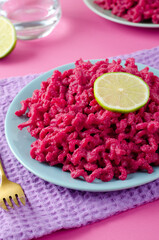 Beetroot Pasta, Barbie Themed Pasta, Trendy Recipe on Pink Background