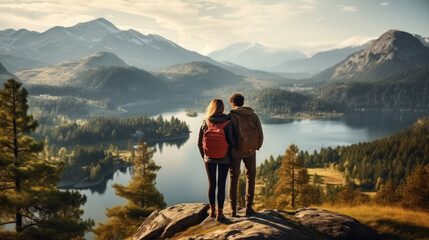 Obraz premium couple on top of a mountain looking at an alpine lake