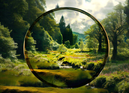 Focus on a beautiful landscape rich in nature seen through a circle of glass.