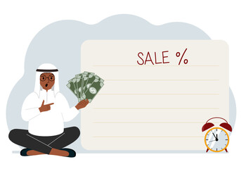 The men sits cross-legged and holds a lot of cash. Nearby is a poster with the text sale and a percent sign. Sale, discount or black friday concept.