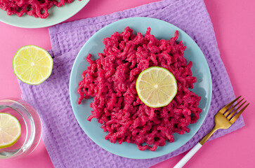 Beetroot Pasta, Barbie Themed Pasta, Trendy Recipe on Pink Background