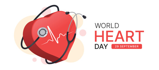 World Heart Day - Stethoscope rolling around 3D heart symbol with line heart rhythm wave vector design