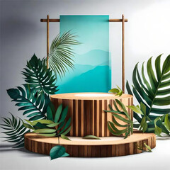 Podium slices on a natural green background with leaf decoration. Modern product display for advertising and presentation of natural cosmetics and natural product placement pedestal stand display