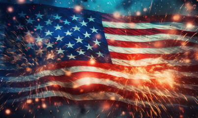 Fireworks on background Flag of America. For banner, postcard, book illustration.
