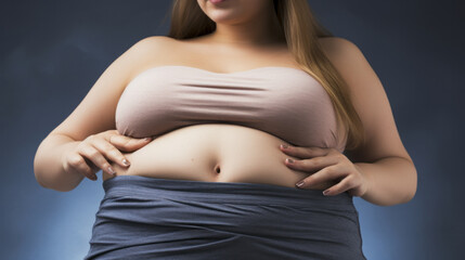 Body of a woman close-up view showing a belly with fat pad , obesity concept - obrazy, fototapety, plakaty
