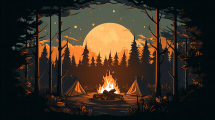 Campfire illustration background at night in mountains with no people