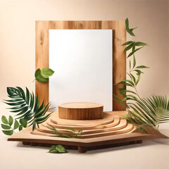 Podium slices on a natural green background with leaf decoration. Modern product display for advertising and presentation of natural cosmetics and natural product placement pedestal stand display