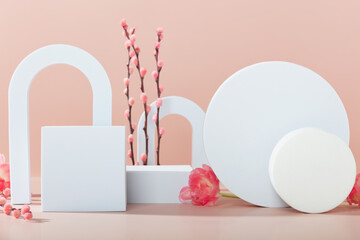 Abstract background with various geometric shapes and spring branches for product presentation. Podium to show cosmetic products. Pink background