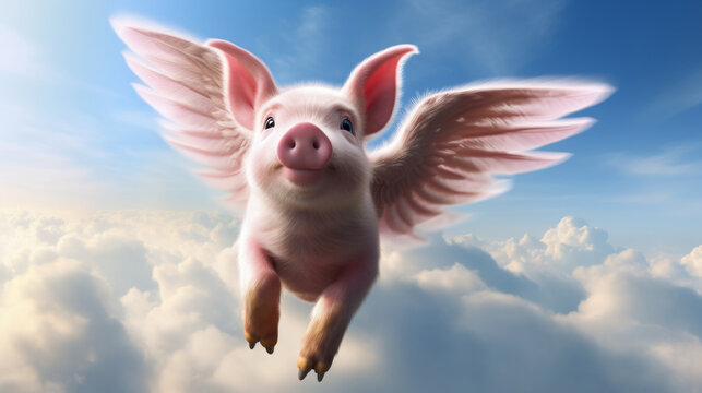 Pink flying pig with wings above clouds in the sky