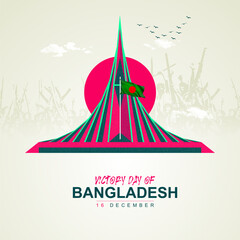 16 December, Happy victory day of Bangladesh with national monument and waving flag on a pole