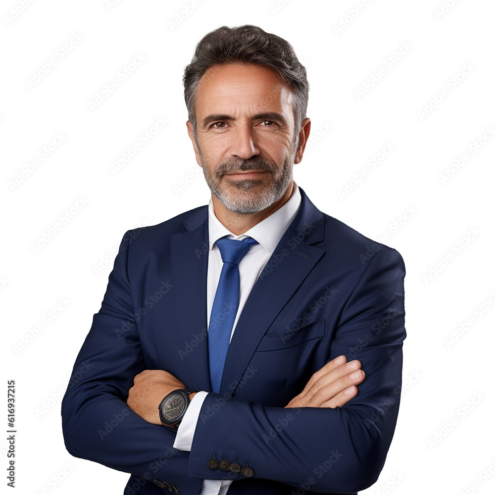 Sticker Portrait of a middle-aged businessman smiling, cross-arm, standing, and wearing a suit. Png element, isolated. Generative Ai.

