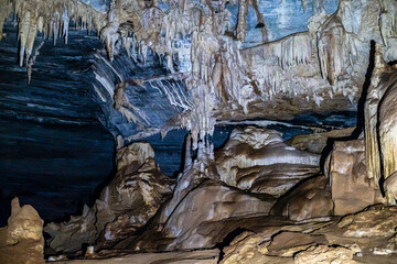 Limestone cave of stalactite and stalagmite formations, Gruta da Lapa Doce Cave, Chapada Diamantina...