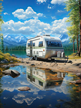 Rv Camper Trailer At Lake By The Shore. Ai Generative