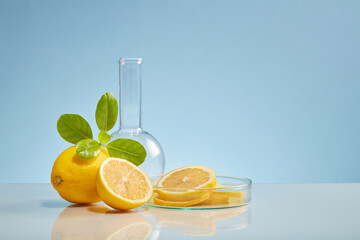 Glass petri dish containing several lemon slices decorated with a flat-bottom florence flask. Lemon (Citrus limon) has many uses for our health. Copy space