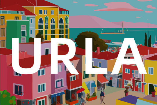 Urla: Modern illustration of a Turkish scene with the name Urla in İzmir